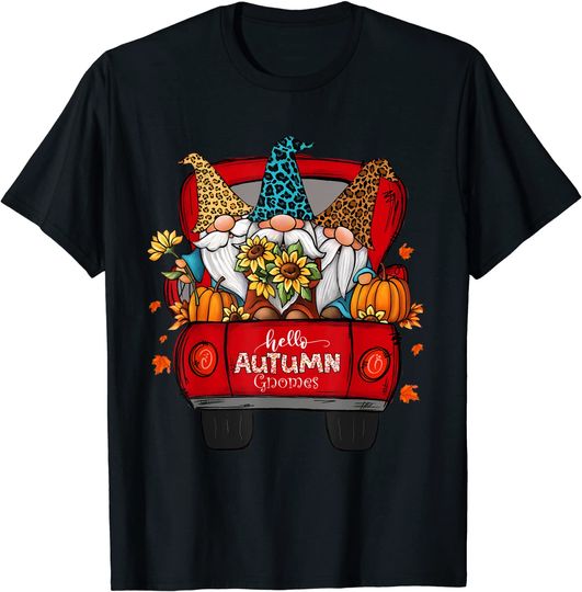 Hello Autumn Truck Gnomes Pumpkin Fall Leaves Thanksgiving T-Shirt