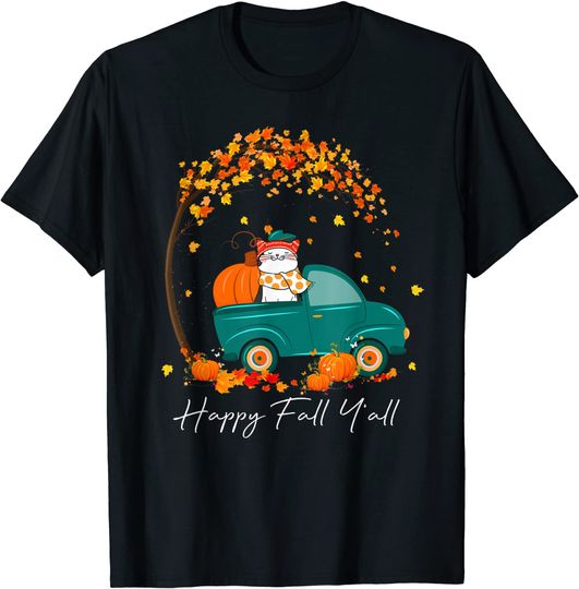 Happy Fall Y'All Pumpkin Pickup Truck Cat Kitty Thanksgiving T-Shirt