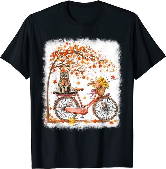 Retro Bicycle Cat Autumn Leaves Fall Thanksgiving T-Shirt