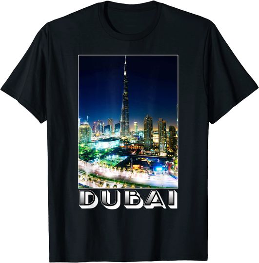 Dubai Cityscape At Night Burj Khalifa Tower T-Shirt