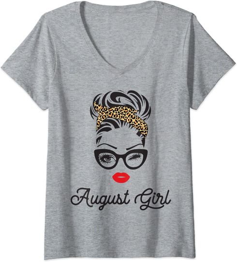 August Girl Woman Lady Face Leopard Bandana For Women V-Neck T-Shirt