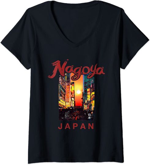 Womens Japan Nagoya Retro Sunset Japanese V Neck T Shirt