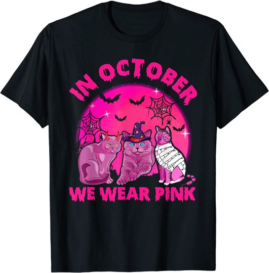 In October We Wear Pink Cat Pumpkin Breast Cancer Halloween T-Shirt