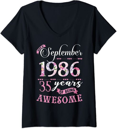 35th Birthday Floral Gift for Womens Born in September 1986 V-Neck T-Shirt