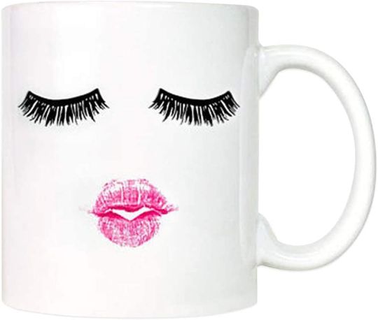 Lashes and Lipstick Coffee Mug, Gift Women Eyelash Girly Gift for Sister, Birthday Gift for Her, Ceramic Mug