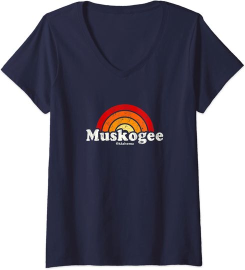 Muskogee Oklahoma OK Vintage 70s Retro Rainbow V-Neck T-Shirt