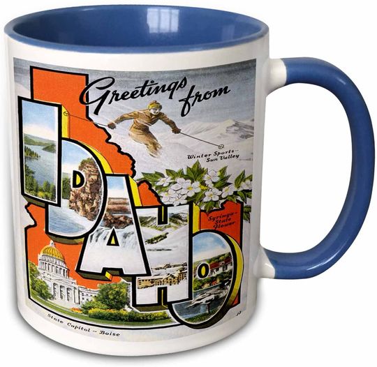 Greetings from Idaho Sun Valley Boise with Scenes from The State Two Tone Mug, Blue