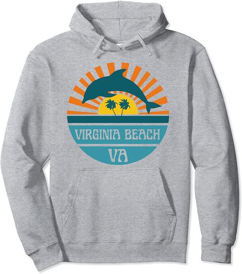 Virginia Beach Dolphin Cute Beach Ocean Retro Sunset Sea Pullover Hoodie