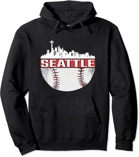Vintage Seattle Baseball Skyline Cityscape Baseball Pullover Hoodie