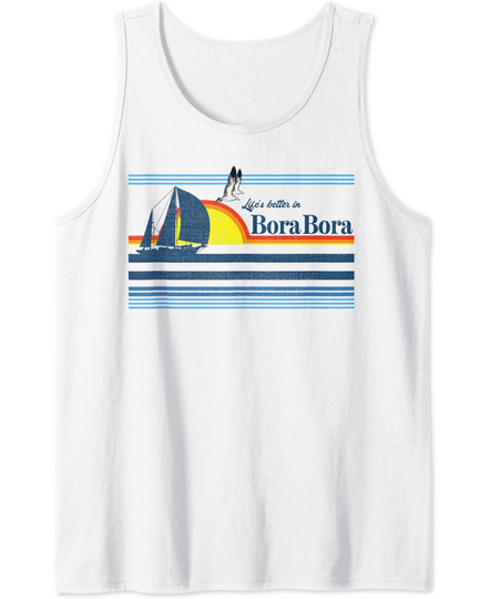 Bora Bora Beach Retro 70s 80s Island Sailing Boat Sunset Tank Top