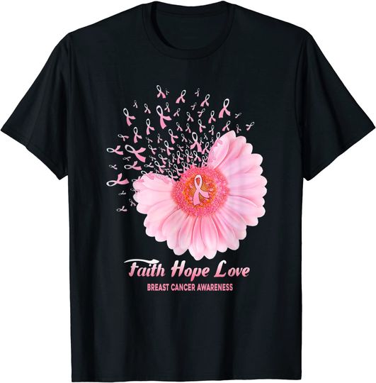 Faith Hope Love Ribbon Daisy Flower Breast Cancer Awareness T-Shirt