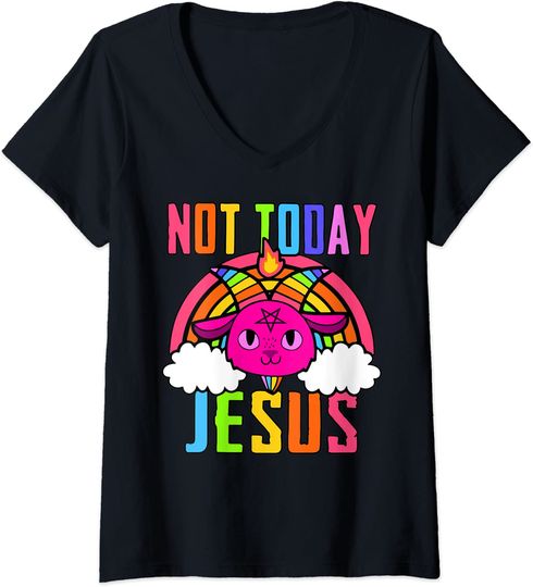 Not Today Jesus Kawaii Religious Atheist Goth V-Neck T-Shirt