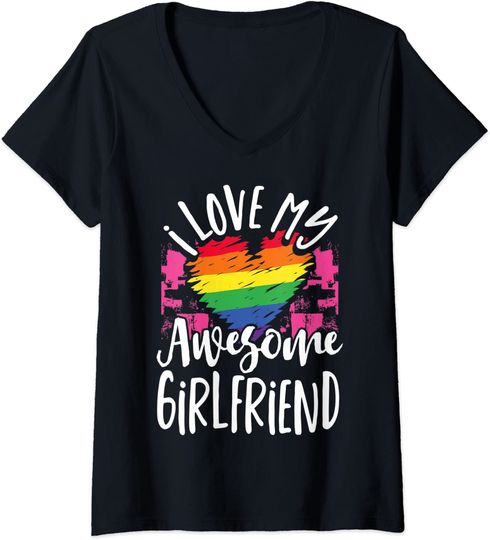 I Love My Awesome Girlfriend Gay Lesbian Couple Matching V-Neck T-Shirt