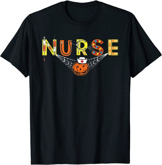 Nurse Halloween With Pumpkin Boo Spider Witch Hat T Shirt