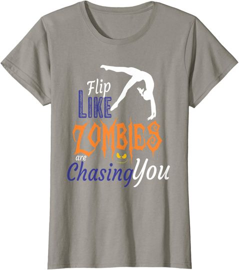 Girls Halloween Flip Zombies Chasing Gymnastics T Shirt