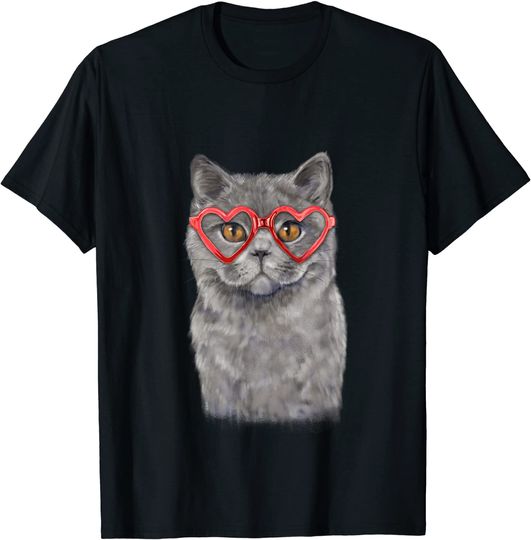 Cat Heart Glasses Valentine's Day British Shorthair T Shirt