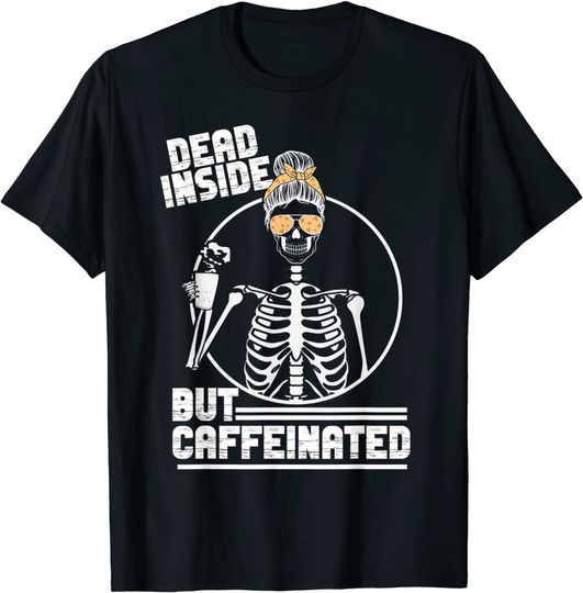 Dead Inside But Caffeinated Leopard Skull Drinking Coffee T-Shirt
