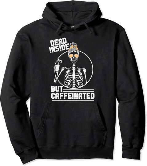 Dead Inside But Caffeinated Leopard Skull Drinking Coffee Pullover Hoodie
