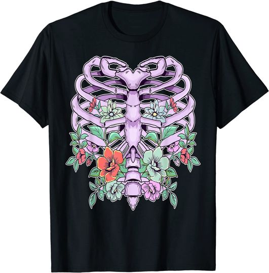 Pastel Goth Rib Cage Skeleton Flowers T Shirt