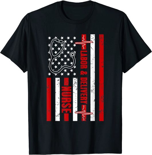 Labor And Delivery Nurse USA American Flag Heartbeat T Shirt