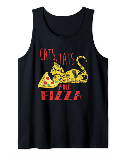 Funny Cat Lovers Tattoo Pizza & Cats Tank Top