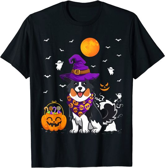 Funny Pumpkin Witch Hat Australian Shepherd Dog Halloween T-Shirt