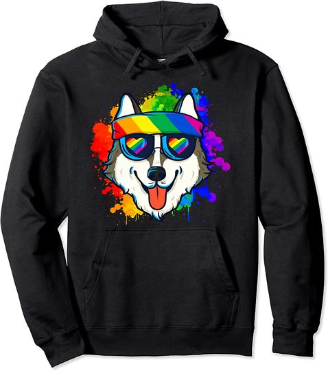 Happy Husky in Sunglasses and Headband Pullover Hoodie