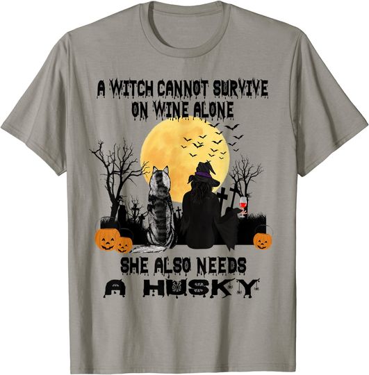 Witch Wine And Siberian Husky Dog Funny Halloween T-Shirt