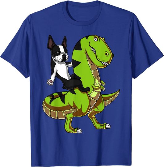Boston Terrier Riding T-Rex Dinosaur Funny T-Shirt