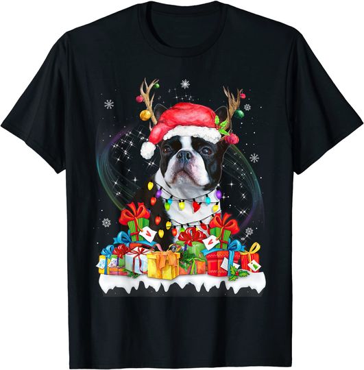 Boston Terrier Santa Hat Reindeer Christmas Lights Pajamas T-Shirt
