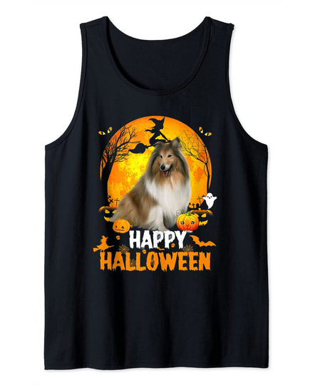 Shetland Dog Happy Halloween Day With the Moon And Pumpkin Tank Top