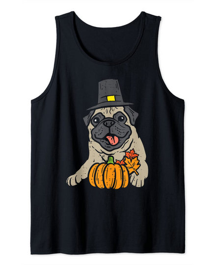 Pug Pumpkin Leaves Thanksgiving Fall Halloween Dog Tank Top
