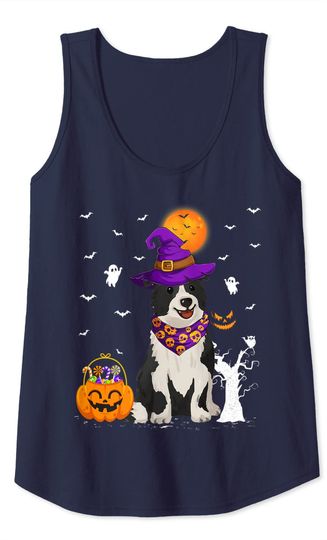 Funny Pumpkin Witch Hat Border Collie Dog Halloween Tank Top