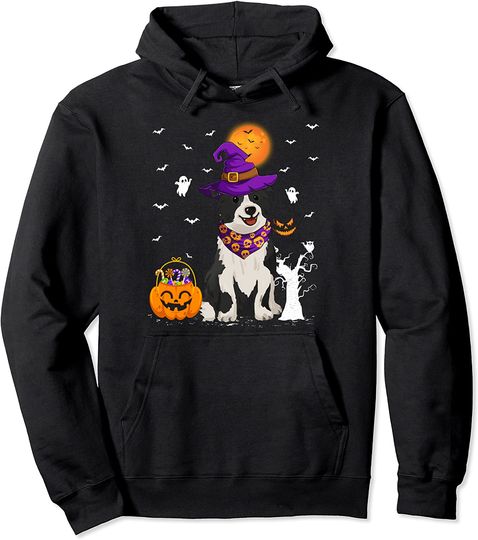 Funny Pumpkin Witch Hat Border Collie Dog Halloween Pullover Hoodie