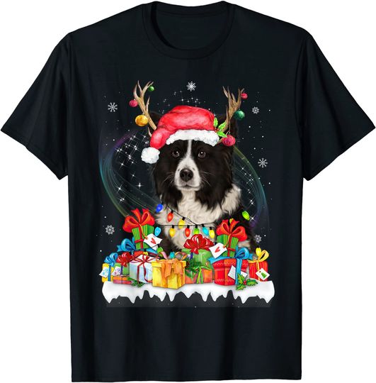 Border Collie Santa Hat Reindeer Christmas Lights Pajamas T-Shirt
