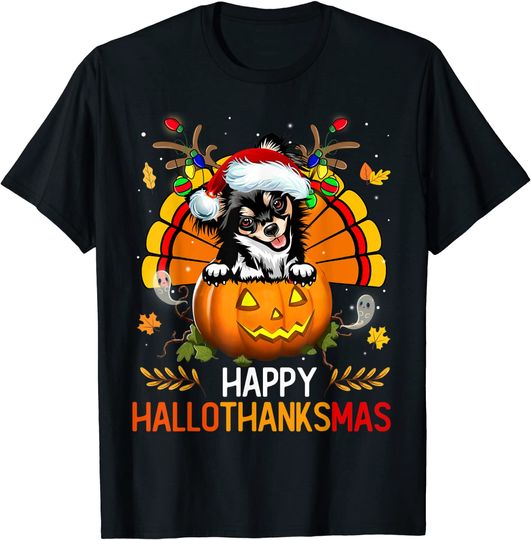 Chihuahua Happy Hallothanksmas Halloween Thanksgiving Xmas T-Shirt