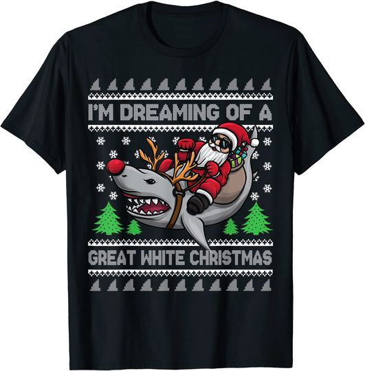 Dreaming Of A Great White Funny Christmas Santa Riding Shark T-Shirt