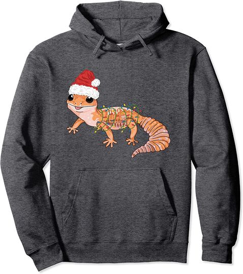 Christmas Lights and Santa Hat Funny Gecko Pullover Hoodie