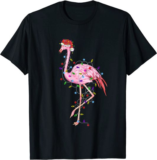 Flamingo Christmas Tree Lights Santa Pajamas Family Xmas T-Shirt
