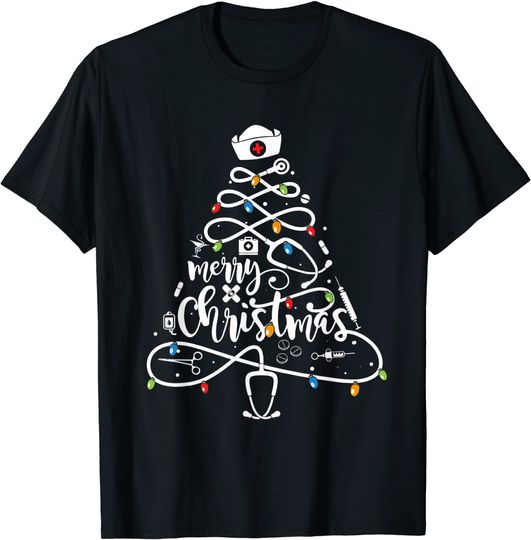 Merry Christmas Nurse Tree Lights Pajamas T-Shirt