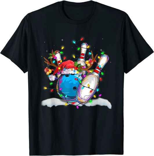 Funny Bowling Christmas Santa Hat Reindeer Light Pajama T-Shirt