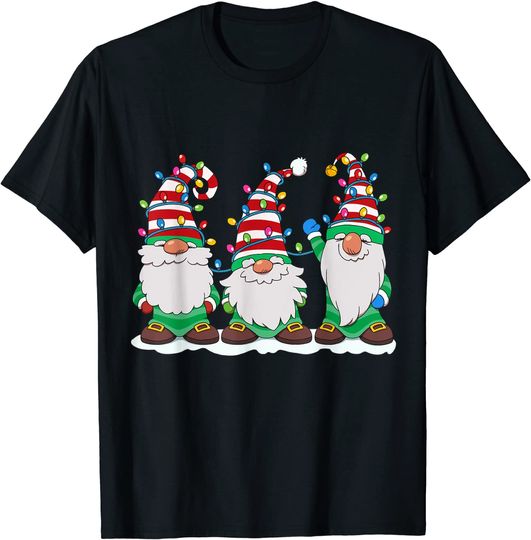 Three Gnomes With Hats Beards Christmas Tree Lights T-Shirt