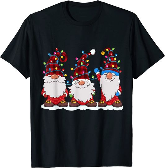 Three Gnomes Red Plaid Hat Gnome Christmas Tree Lights T-Shirt