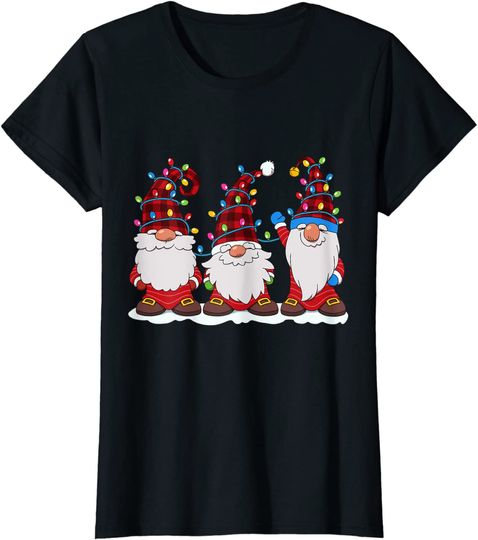 Three Gnomes Red Plaid Hat Gnome Christmas Tree Lights Hoodie