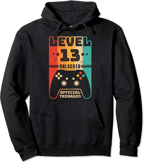 Retro Level 13 Unlocked  Teenager 13 Year Old Gamer Pullover Hoodie