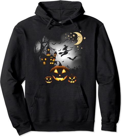 Haunted House Flying Witch Jack o Lantern Pullover Hoodie
