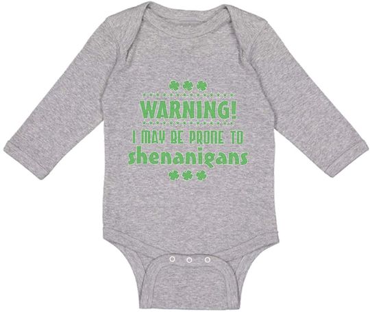 Warning I May Be Prone Ti Shenanigans St Patrick's Day Baby Long Sleeve Bodysuit