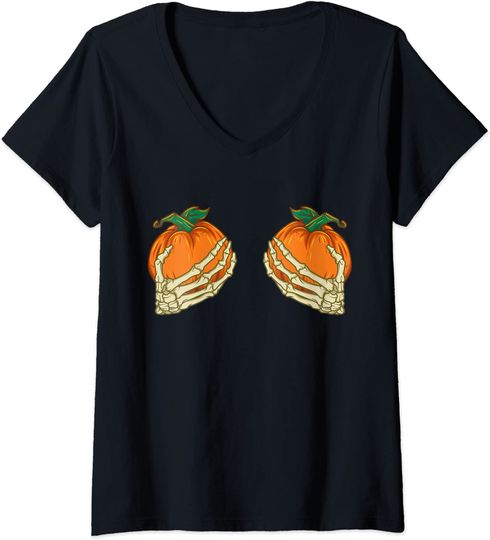 Pumpkin Boobs Halloween Skeleton Hands Boobies V-Neck T-Shirt