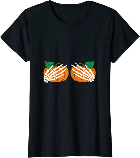 Skeleton Hands Over Pumpkin Boobies Funny Halloween T-Shirt