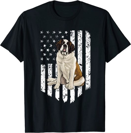 Black White American Flag St. Bernard T-Shirt